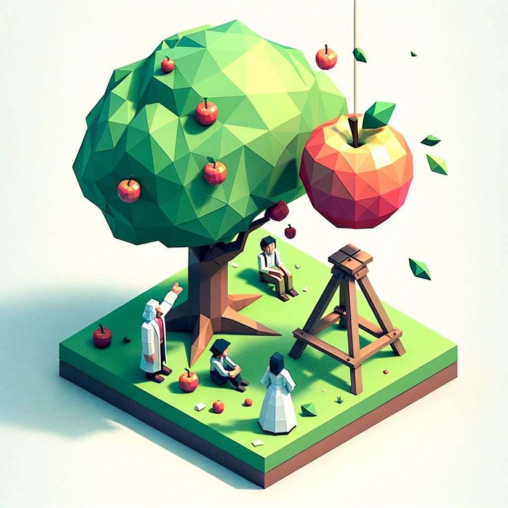 the discovery of gravity, low polygon isometric render